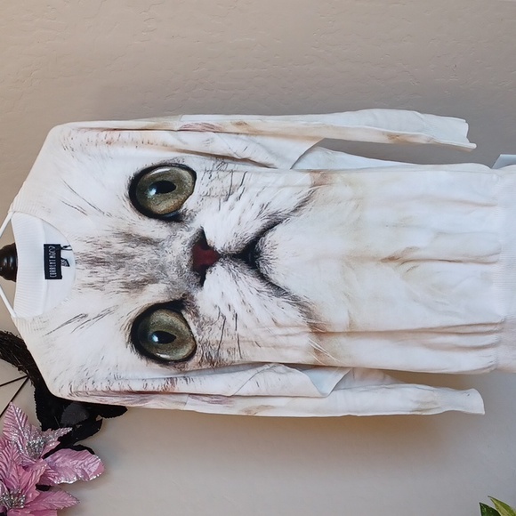 DOLLSKILL CURRENT MOOD XXL LONG-SLEEVED SWEATER WITH HUGE CAT FACE CREAM COLOR - Picture 1 of 12